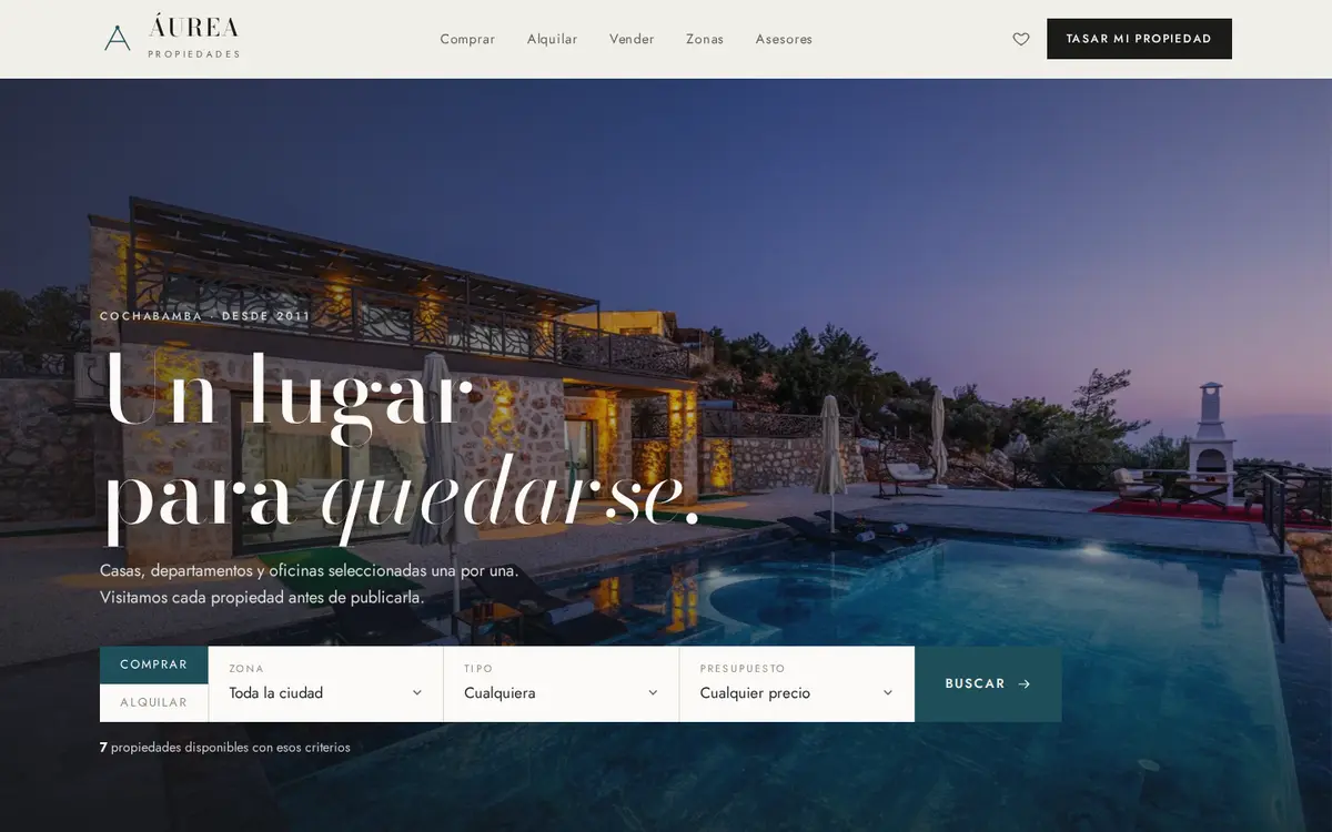 Portada del sitio de Áurea Propiedades